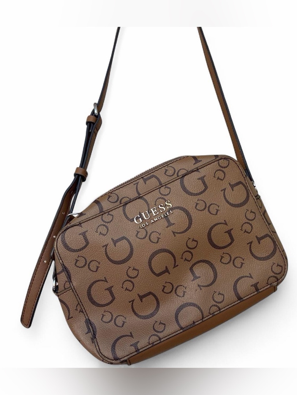 GUESS Brown Monogram Crossbody Bag with Adjustable Strap